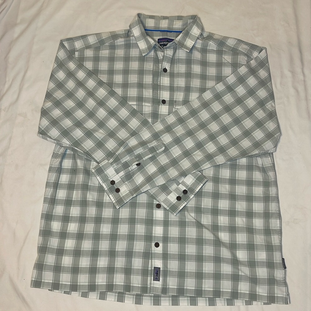 Mens Patagonia Island Hopper Pale Green Plaid Button Down Shirt, XL